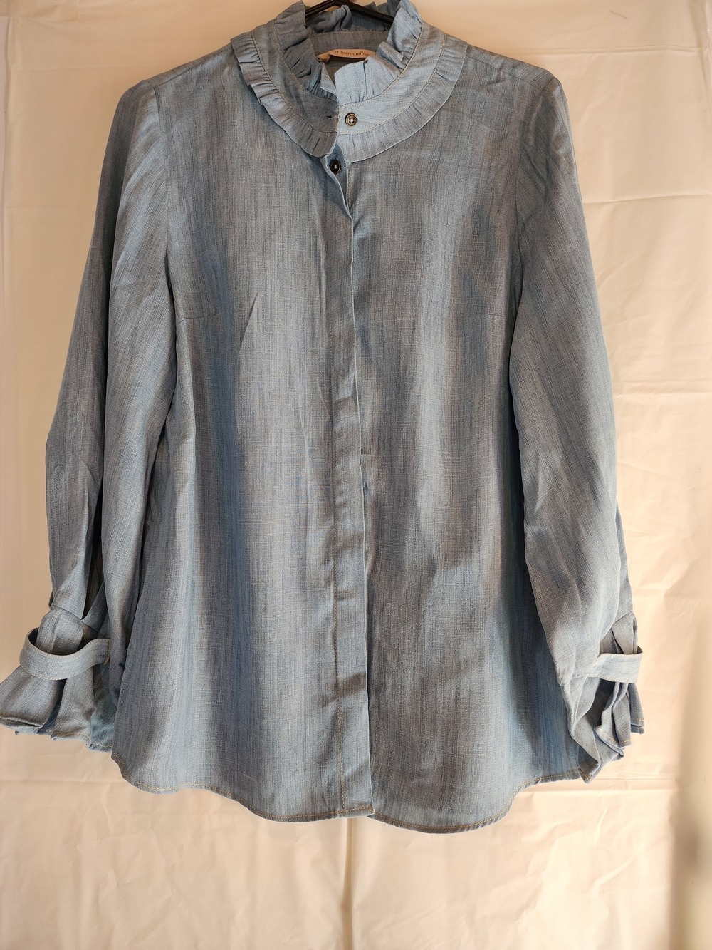 Soft Surroundings Light Blue Ruffle-Neck Button Front Shirt